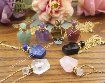 Faceted Quartz Perfume Bottle Necklace, Gemstone Diffuser Vial