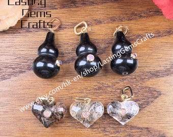 Rutilated Quartz Heart Inlaid Zircon Pendant,Gemstone Obsidian Gourd CZ Charms For Necklace Jewelry