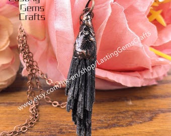 Raw Black Tourmaline Pendant, Antique Bronze Healing Crystal Necklace