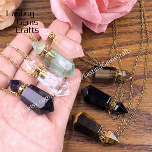 Healing Crystal Double Point Perfume Bottle Pendant Necklace Chakra Quartz Gemstone Hexagon Prism Essential Oil Diffuser Vial Charms Jewelry