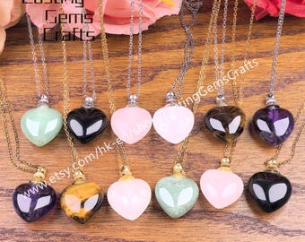 Crystal Heart Perfume Bottle Necklace, Healing Gemstone Pendant