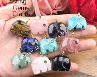 Hand Carved Elephant Pendants Gemstone Animal With Inlaid Zircon Gold Plated Crystal Charms