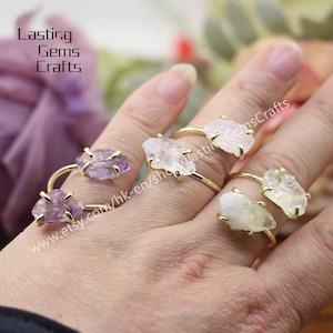 Adjustable Double Raw Gemstone Ring,Gold Plated Ring,Birthstone Ring,Healing Crystal Ring Fluorite Amethyst Obsidian Women Ring Boho Jewelry