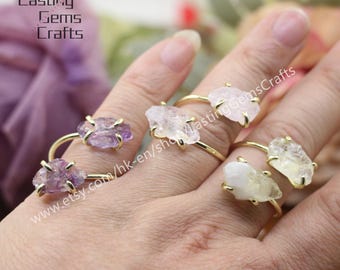 Adjustable Raw Gemstone Gold Plated Ring, Rough Quartz Crystal Fluorite Amethyst Obsidian Boho Jewelry