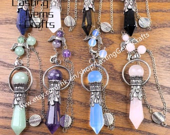 Faceted Hexagon Point Pendulum Link Angel,Gemstone Ball Antique Silver Hoop Pendants Divination Tool