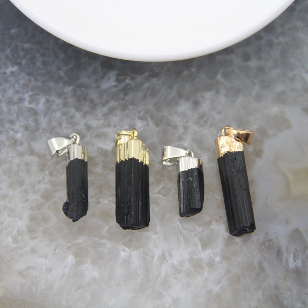 110pcs Natural Black Tourmaline Pendant,raw Black Tourmaline Rod Plated Gold/silver Cap Black
