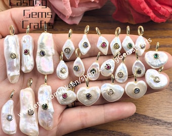 Heart Baroque Pearl Pendant Inlaid Zircon,Teardrop Rhombus Pearl Colorful CZ Charms Jewelry Making