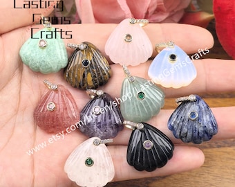 Carved Gemstone Shell Inlaid Zircon Charms For Jewelry,Crystal Quartz Seashell CZ Paved Pendant