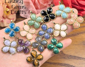 Clover Gemstone Pendant Gold Plated Faceted Teardrop Crystal Quartz Four-leaf Cabochon Charms
