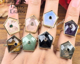 Faceted Pentagon Gemstones Ring Inlaid Zircon Crystal Quartz Gold Plated Adjustable Rings