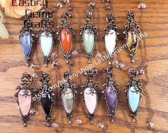 Antique Copper Teardrop Crystal Reiki Quartz Pendulum Charms,Gemstone Cone Divination Pendants