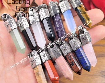 Gemstone Hexagon Point Pendant,Antique Silver Healling Crystal Quartz Tower Stick Charms For Jewelry