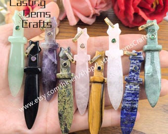 Gemstone Dagger Pendant Inlaid Zircon,Crystal Quartz Carved Sword With CZ Charms Jewelry