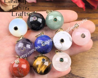 Gemstone Sphere With Inlaid Zircon Pendants Crystal Quartz Round  Ball CZ Charms DIY Jewelry 18mm
