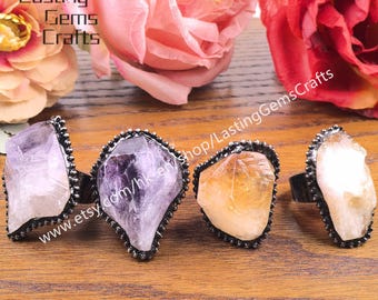 Raw Amethyst Citrine Ring, Vintage Copper Adjustable Quartz Crystal Ring