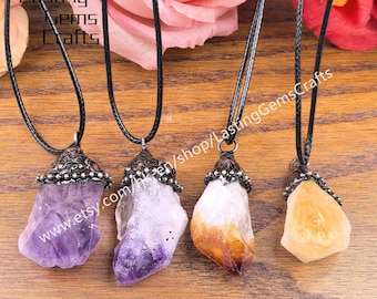 Rough Amethyst Citrine Nugget Pendant Necklace, Raw Gemstone Quartz Charms Solder Jewelry