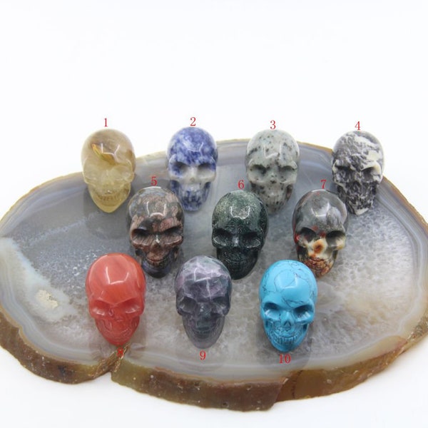 Hand Carved Skull Figurine Crystal Quartz,10Kinds Stones,Sodalite/Moss Agate/Fluorite/Turquoise/Cherry Quartz/Rhyolite Skull,Home Decoration