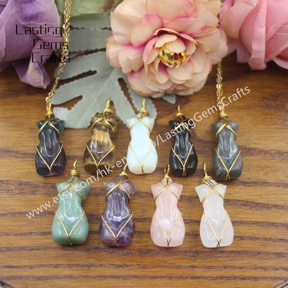 Goddess Body Crystal Necklace, Gold Wire Wrapped Female Pendant