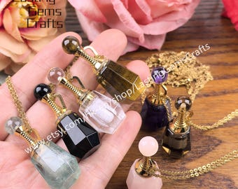 Gemstone Perfume Bottle Pendant Necklace, Crystal Diffuser Vial