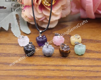 Carved Gemstone Pumpkin Pendant Necklace, Healing Crystal Quartz Charms Jewelry Gifts
