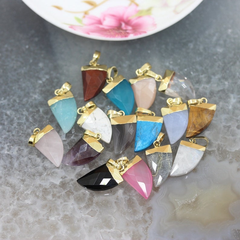 1-10pcs,Natural Gemstone Horn Arrow Gold Bail Stone Pendants Necklace Charms,Faceted Crystal Agate Quartz Crescent Earring Jewelry Crafts