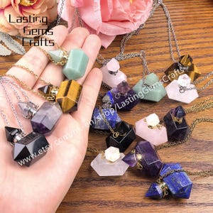 Double Point Gemstone Perfume Bottle Pendant Necklace,Healing Crystal Quartz Amethyst Essential Oil Vial Diffuser Vial Charms Jewelry Gifts