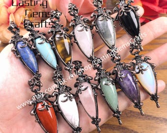Teardrop Gemstone Antique Copper Pendants Healling Crystal Quartz Retro Charms DIY Jewelry