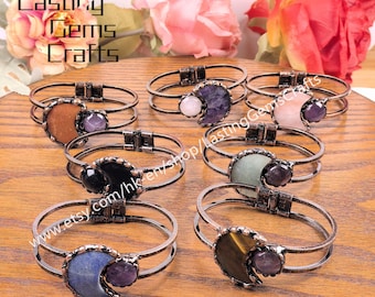 Moon Quartz Amethyst Cuff Bangle,Antique Copper Gemstone Bracelet,Healing Crystal Retro Jewelry Gifts