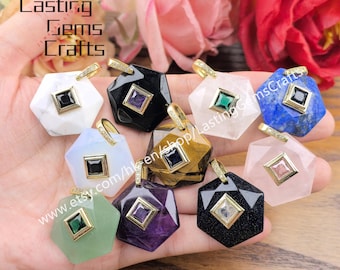 Faceted Hexagon Slab Gemstone With Inlaid Zircon Charms Crystal Quartz Cut Slice CZ Pendants