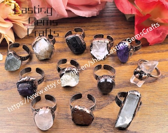 Raw Crystal Nugget Ring,Tourmaline Amethyst Citrine Fluorite Minimalist Rings,Boho Antique Bronze Ring