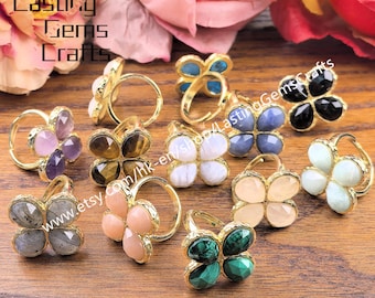 Clover Gemstone Ring Gold Plated Faceted Teardrop Crystal Quartz Cabochon Adjustable Finger Rings