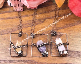 Vintage Solder Brass Raw Citrine Amethyst Rough Quartz Pendant Necklace Retro Jewelry Gifts