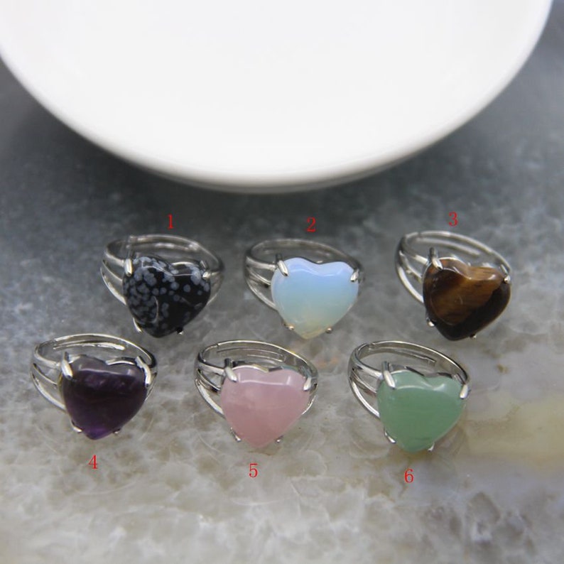 Heart-shaped Energy Gemstone Amethyst/Rose Quartz/Aventurine/Tiger eye/Opal Adjustable Ring,Natural Quartz Crystal Heart Personalized Rings 