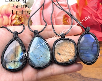 Handwoven Macrame Labradorite Pendant Necklace, Bohemian Jewelry