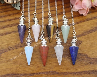 1-10pcs Natural Gemstone Point Pendulum Pendant,Healing Crystal Silver Plated Bail Charms Crafts,Quartz Necklace Jewelry,Divination Tool