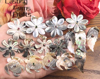 Carved Shell Pendant Inlaid Zircon,Leaf Sea Turtle Flower Colorful CZ Charms Jewelry Making