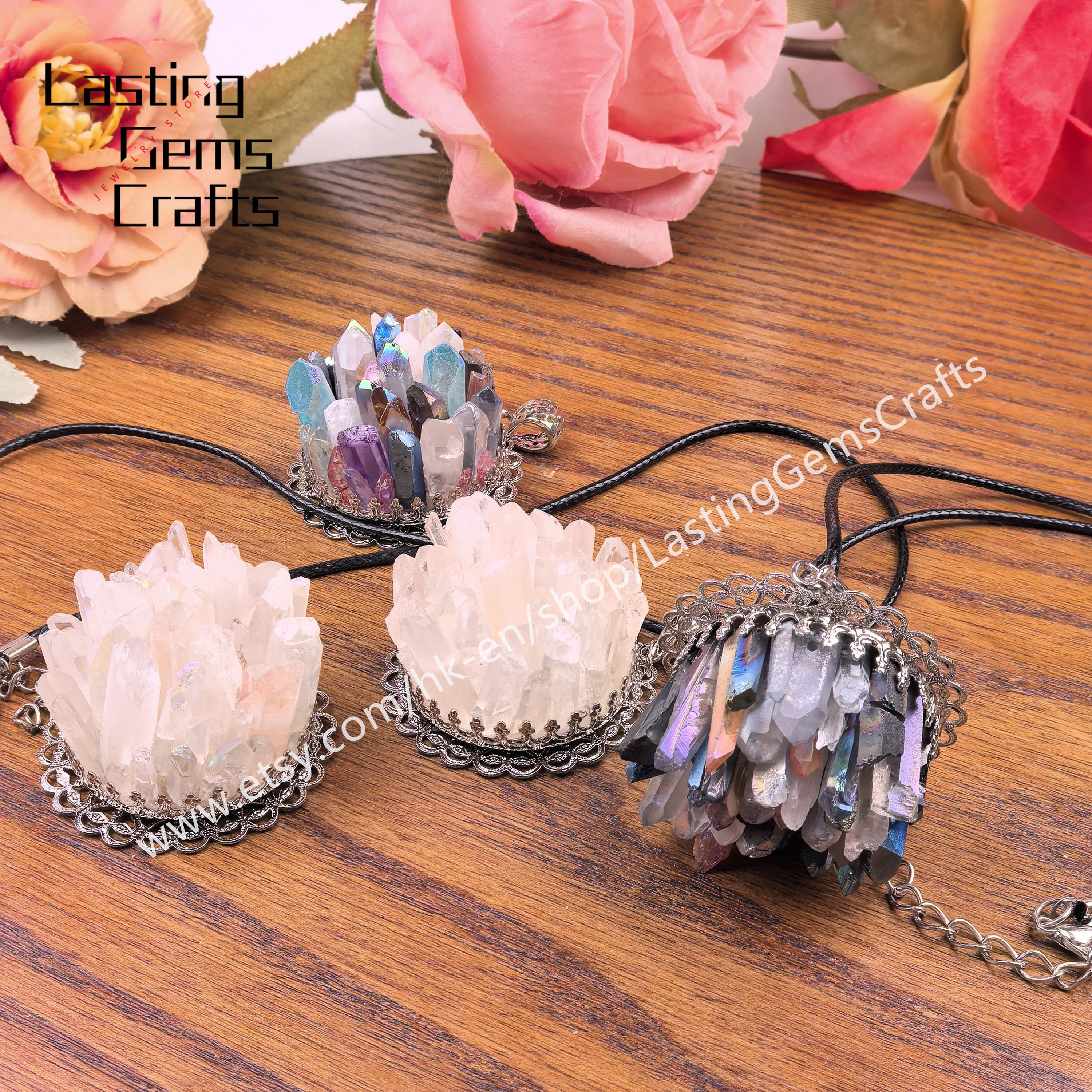 Titanium Quartz Necklace,Raw Crystal Quartz Point Necklace,Quartz Cluster Pendant Necklace,Crystal Choker,Druzy Quartz Necklace Boho Jewelry