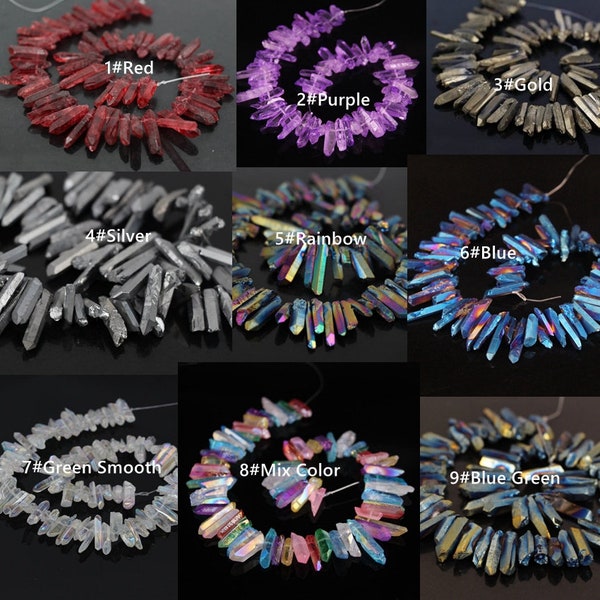 Full Strand,Mystic Titanium Natural Raw Crystal Points Stick Loose Beads,Top Drilled Rough Quartz Tusk Spikes Point Pendants Supplies Crafts