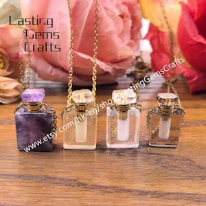 Rectangle Gemstone Perfume Bottle Pendant,Healing Crystal Diffuser Vial Charms Necklace