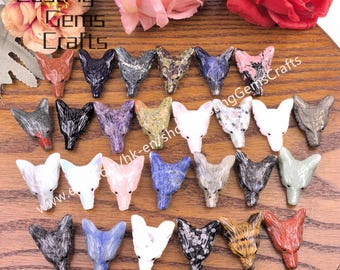 Gemstone Carved Wolf Head Pendant, Healing Crystal Jewelry Making,Drilled Wolf Skull Charms DIY