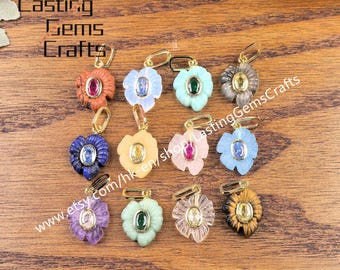 Hand Carved Gemstone Flower Pendants With Inlaid Zircon Crystal CZ Charms For Jewelry Making