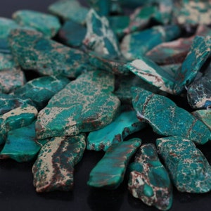 Full Strand Top Drilled Blue Green Sea Sediment Jasper Raw Slabs Loose Beads,Large Impression Emperor Stone Slice Nugget Pendant Crafts