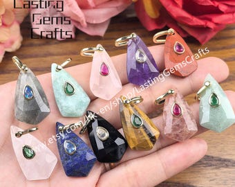 Faceted Teardrop Gemstone Pendants With Inlaid Zircon Crystal Quartz CZ Drops Charms Jewelry Making
