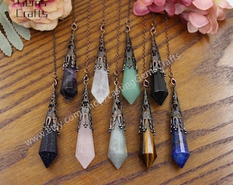 Natural Gemstone Faceted Point Healing Pendulum Chains Antique Bronze Cap,Chakra Crystal Quartz Pendulum,Birthday Gift,Dowsing Tool,Necklace