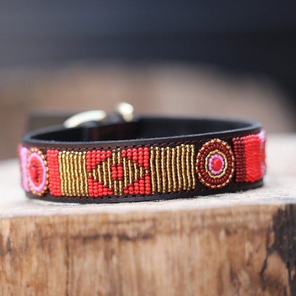 Leather Dog Collar, Beaded Dog Collar , Masai, Dog collar leather, Pet Gift, Personalized Dog Collar, Masai, Kenya, African Dog Collar, ID