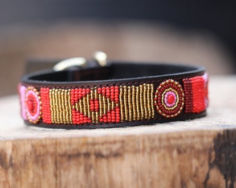 Leather Dog Collar, Beaded Dog Collar , Masai, Dog collar leather, Pet Gift, Personalized Dog Collar, Masai, Kenya, African Dog Collar, ID