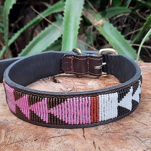 Pink Dog Collar, Leather Dog Collar, Beaded Dog Collar , Masai, Dog collar leather, Pet Gift, Personalized Dog Collar,  African Dog Collar,