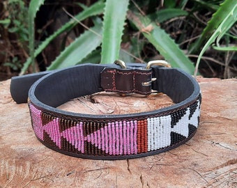 Pink Dog Collar, Leather Dog Collar, Beaded Dog Collar , Masai, Dog collar leather, Pet Gift, Personalized Dog Collar,  African Dog Collar,