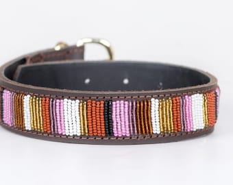 Pink Dog Collar, Leather Dog Collar, Beaded Dog Collar , Masai, Dog collar leather, Pet Gift, Personalized Dog Collar,  African Dog Collar,