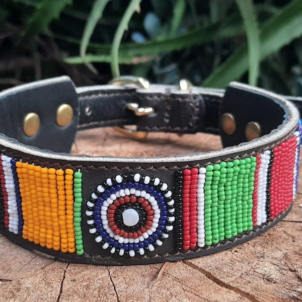 Leather Dog Collar, Beaded Dog Collar , Masai, Dog collar leather, Pet Gift, Personalized Dog Collar, Masai, Kenya, African Dog Collar, ID